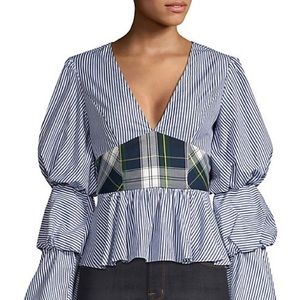 Petersyn  Randi Plaid Peplum Top In Cadet Galaway